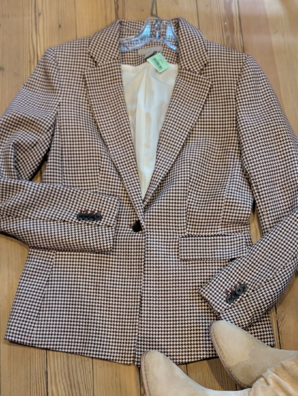 Houndstooth Single-Button Women's Blazer - Brown/White
